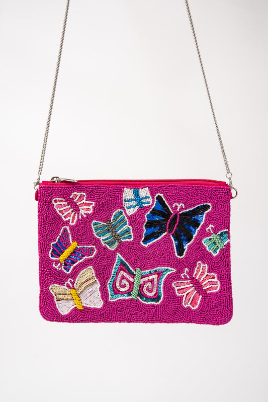 Beaded Butterfly Crossbody Clutch Bag with Strap