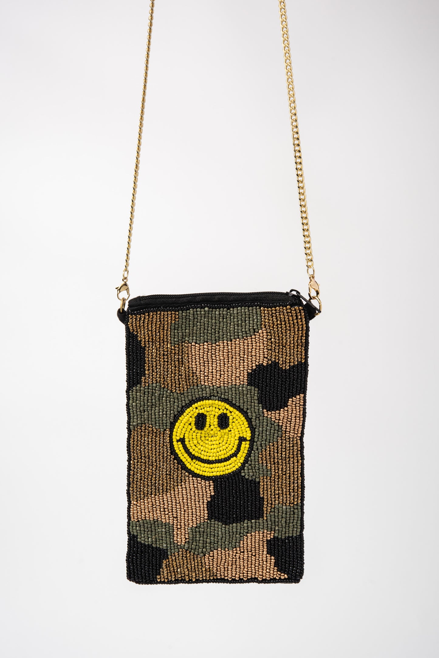 Beaded Smiley Face Camo Print Crossbody Pouch