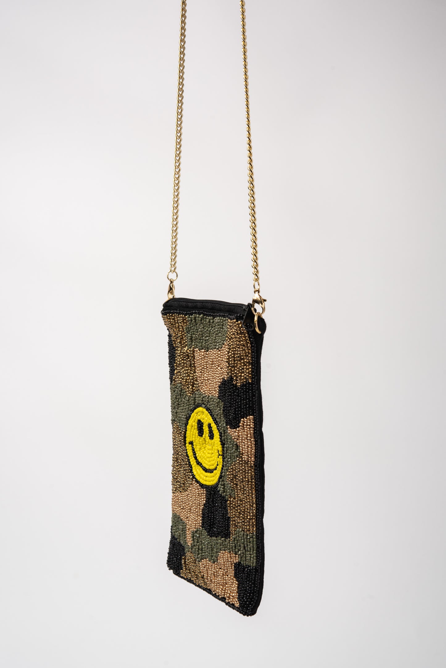 Beaded Smiley Face Camo Print Crossbody Pouch