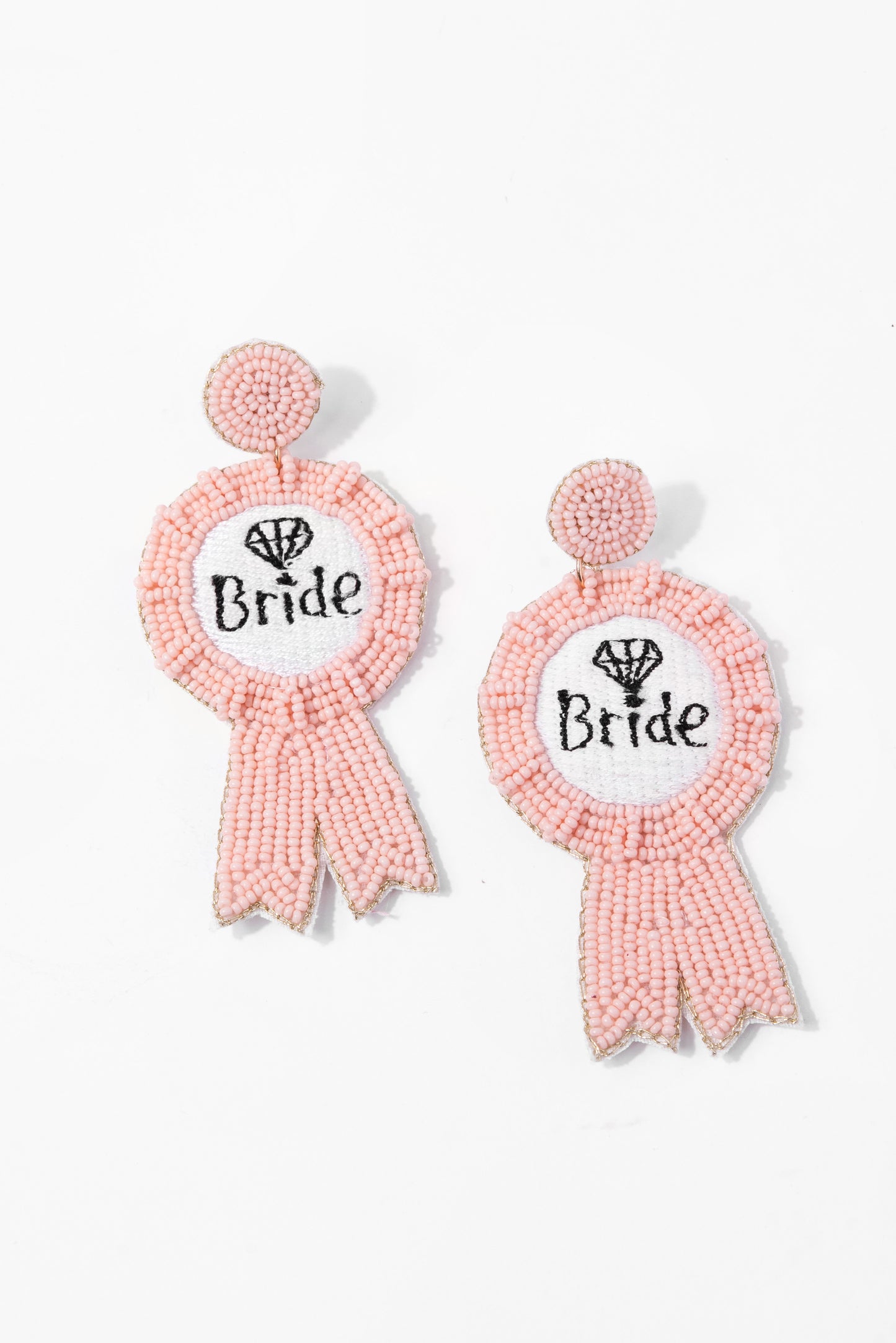 Beaded Sewn Diamond Bride Ribbon Post Back Earrings - Pink