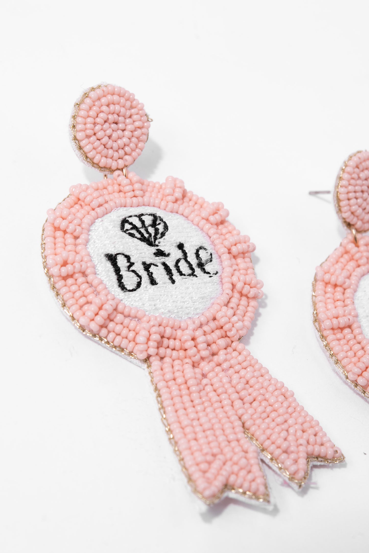 Beaded Sewn Diamond Bride Ribbon Post Back Earrings - Pink