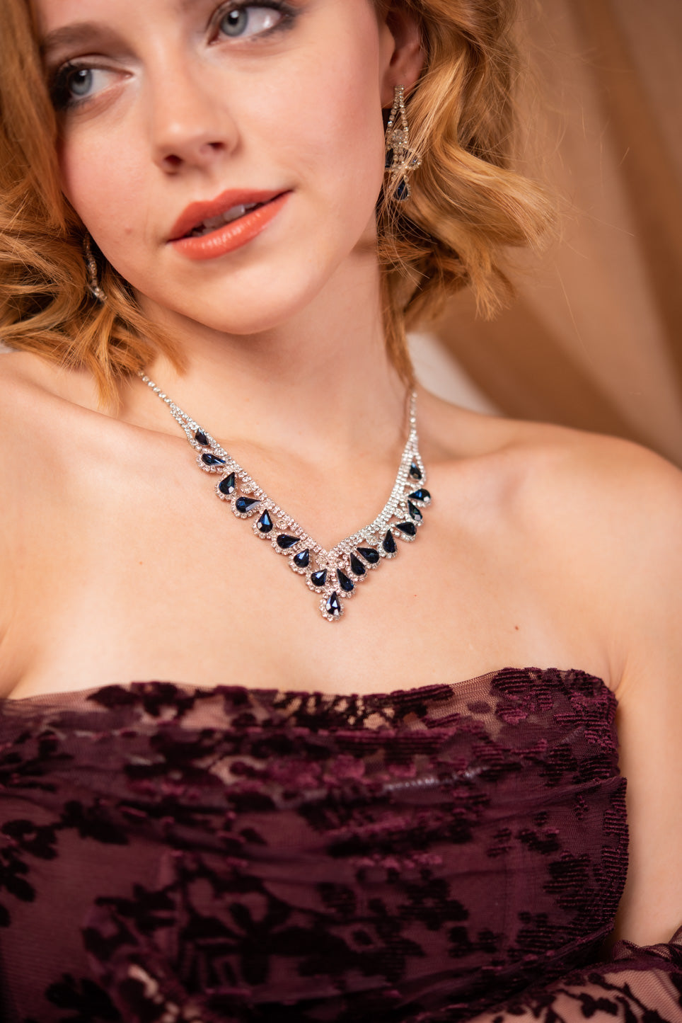 Brianna Teardrop Halo Stone Necklace & Earring Set - Navy