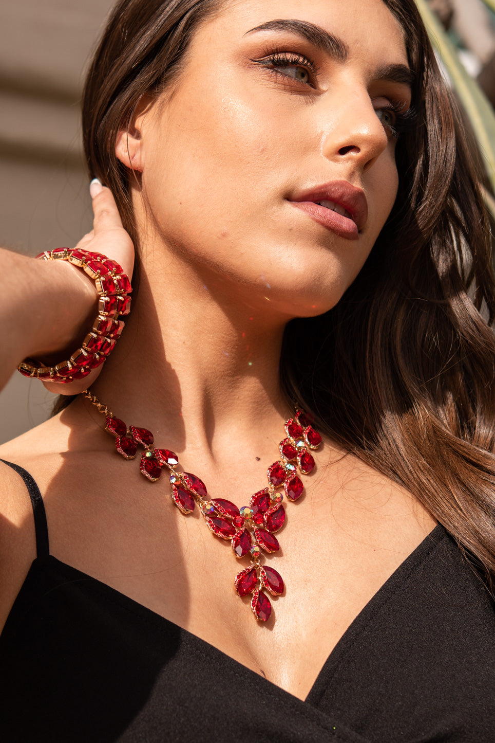Hazel Leaf Droplet Necklace & Earring Set - Red